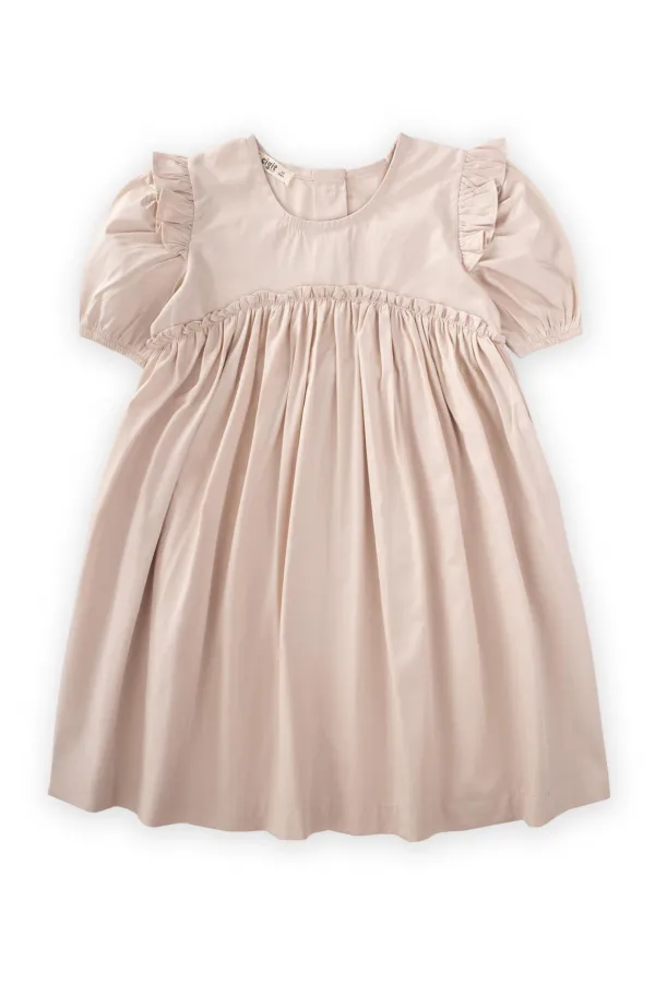 Robadan Fırfır Büzgülü Poplin Elbise 2-7 Yaş Ekru