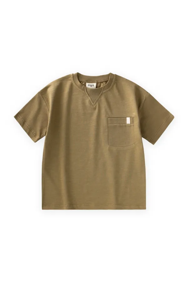 T-shirt à col détaillé, couleur olive, 2-12 ans