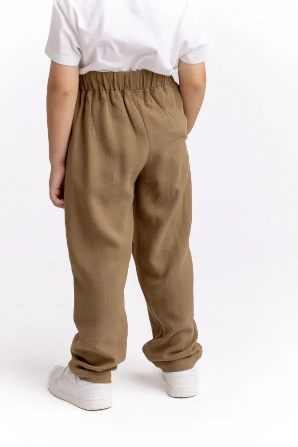 Pantalon en lin à plis plats, jambes et taille fermées, 2-7 ans, couleur caramel