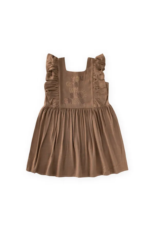 Square Neck Linen Dress with Rhinestone Embellishment, Ages 2-7, Caramel