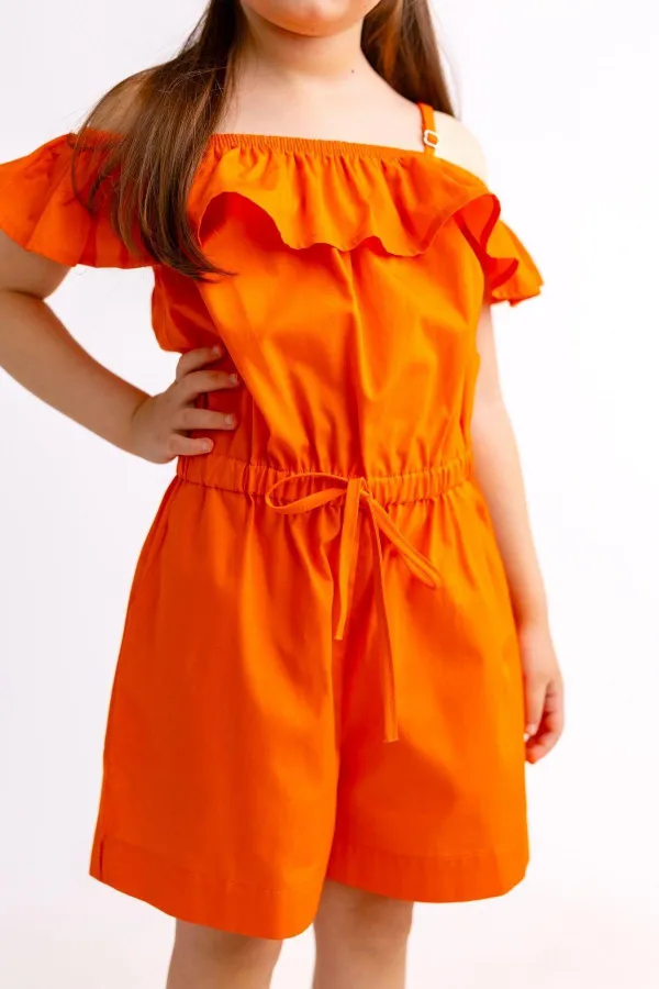 Robe en popeline à volants aux épaules, orange, 2-7 ans