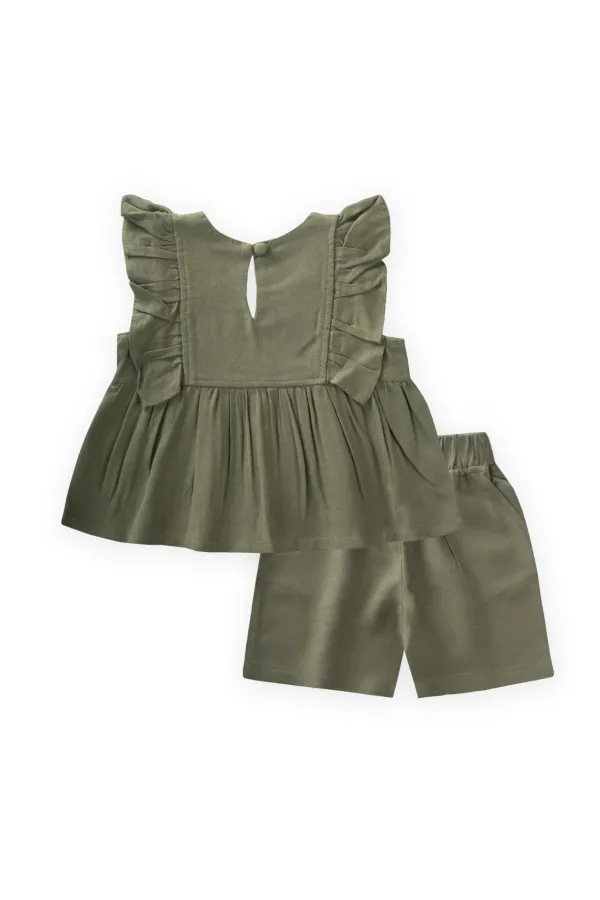 Linen Suit with Embroidered Shorts for 2-7 Years Old Khaki Green