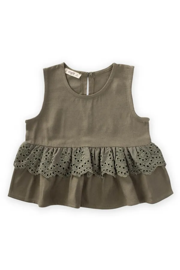 Bel Tambur Dantelli Keten Bluz 2-7 Yaş Haki Yeşil