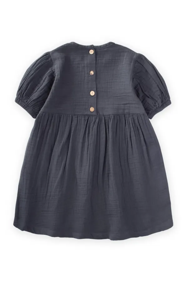Robe en mousseline de coton bio à manches ballon, anthracite, 2-10 ans