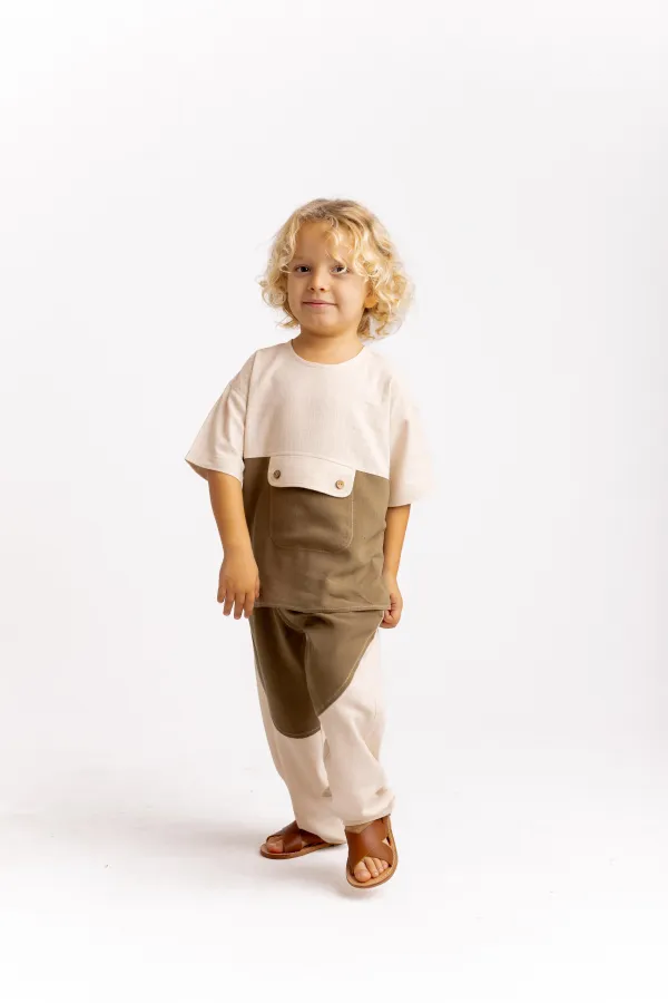 Kangaroo Pocket Two-Tone Linen Blouse for 2-7 Years Old Caramel