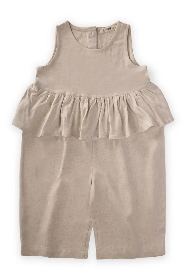 Beli Volanlı Keten Tulum 2-7 Yaş Naturel