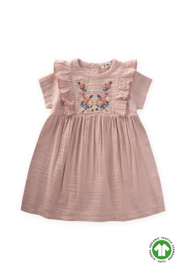 Robe ethnique brodée en coton biologique, 1 à 7 ans, rose poudré