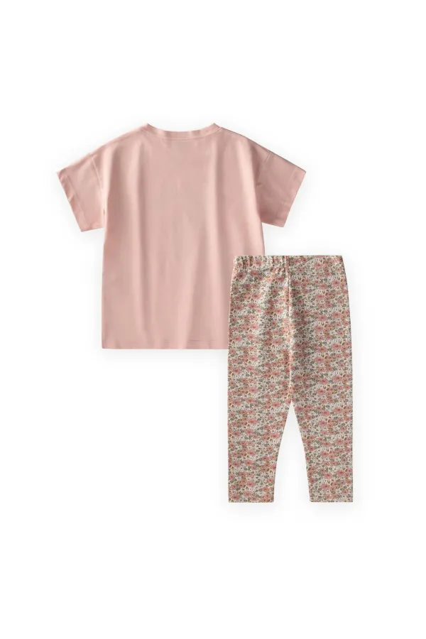 Desenli Taytlı T-Shirt Takım 2-10 Yaş Pudra Pembe