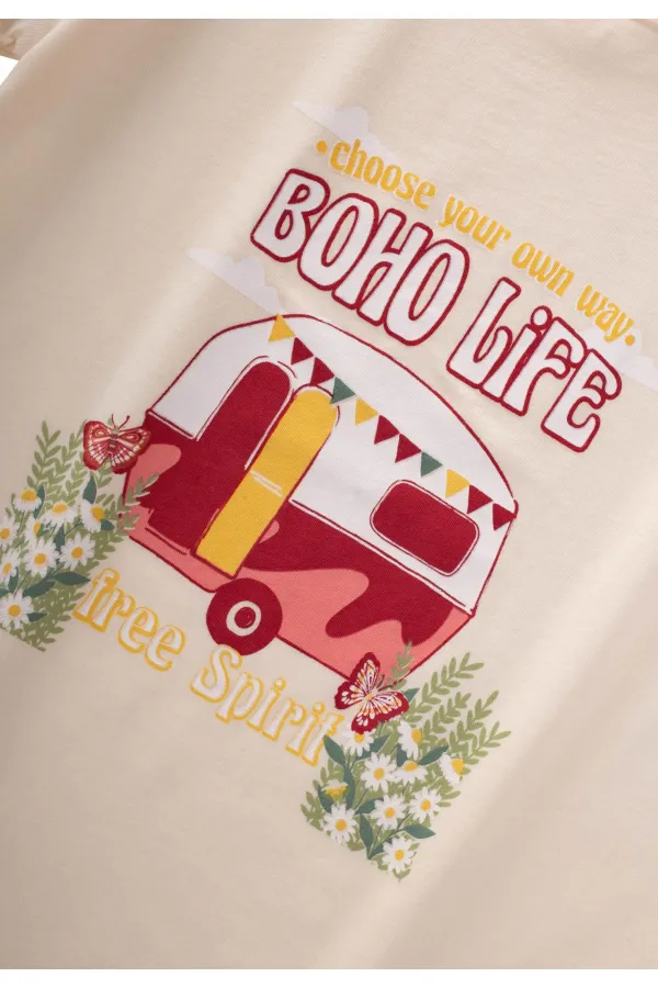 Boho Caravan Printed T-Shirt 8-12 Years Ecru