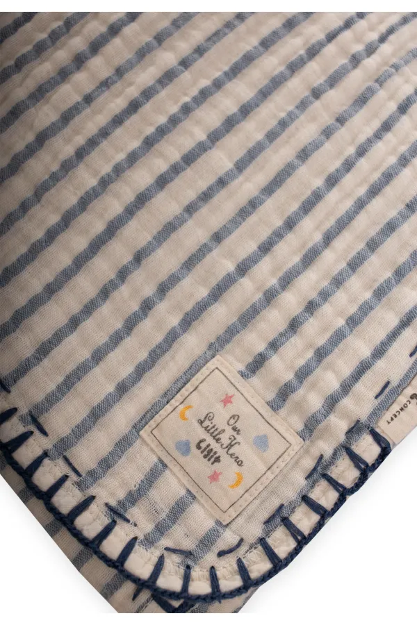 Double Layer Handmade Muslin Triangle Towel (Washed) 75X75 cm Indigo Striped