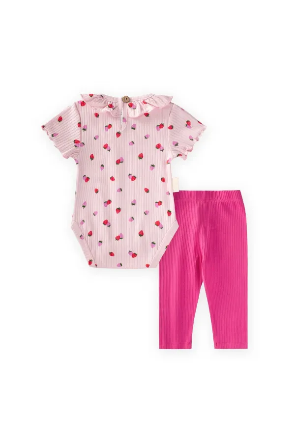 Baby Collar Ribbed Bodysuit Set 0-3 Years Strawberry Pattern