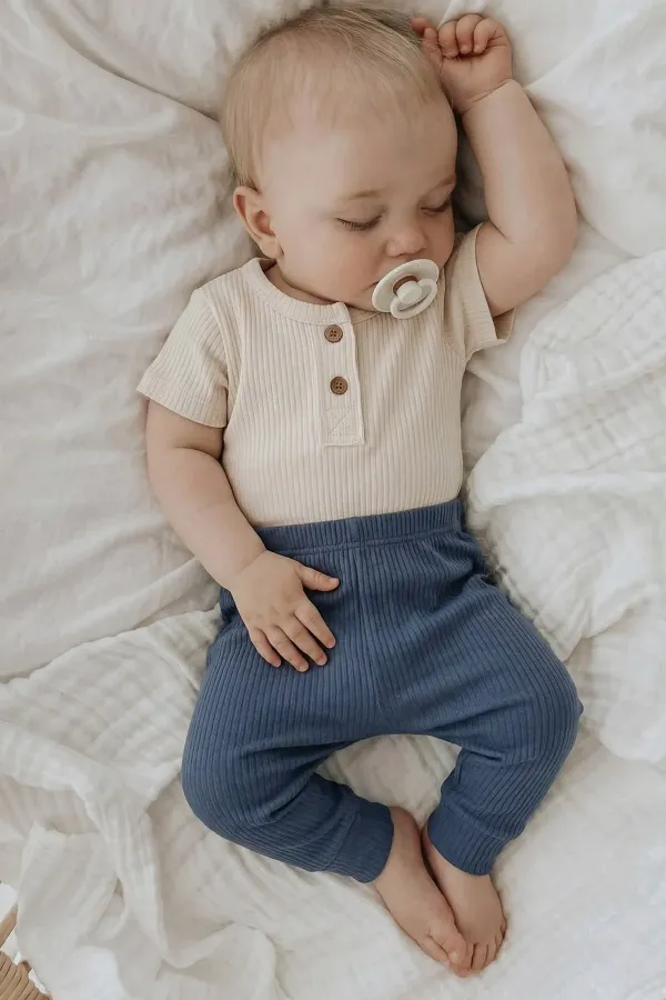 Basic Baby Bodysuit Set 0-3 Years Light Beige Navy Blue