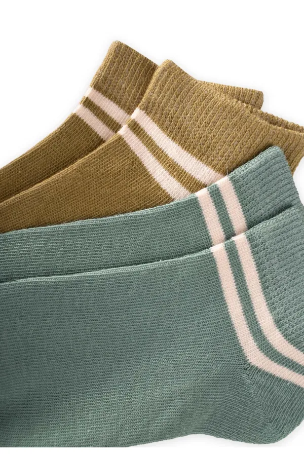 İkili Ham Çizgili Patik Çorap 5-12 Yaş Çağla - Haki Yeşili