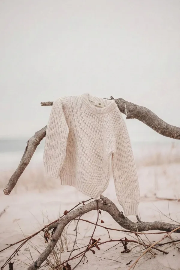 Pull Selanik à col rond en maille, couleur écru, 2-8 ans