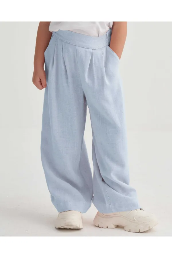 Pileli Bol Pantolon 2-7 Yaş Mavi