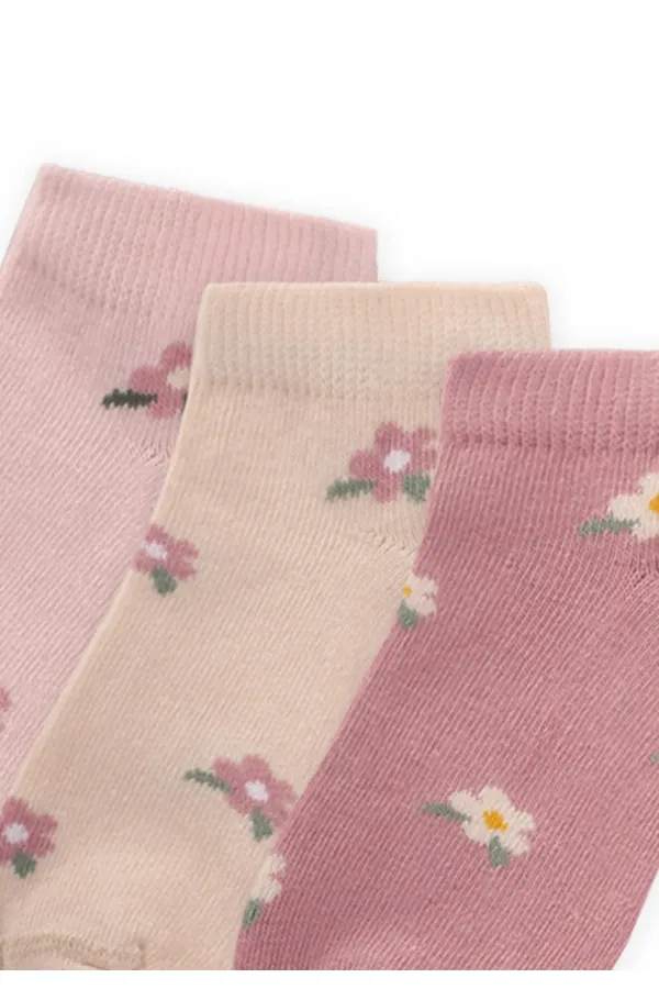 Üçlü Çiçek Desenli Çocuk Patik Çorap 5-12 Yaş Kum,Pudra,Gül Kurusu