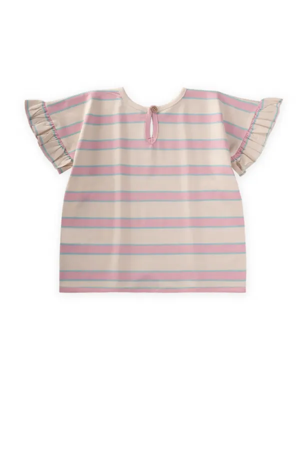 Çizgili Bağlamalı Kız T-Shırt 3-10 Yaş Pudra Mavi Çizgili