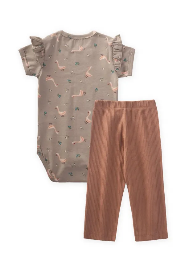 Desenli Omuzu Fırfırlı Zıbın Takım 0-3 Yaş Ördek Desen