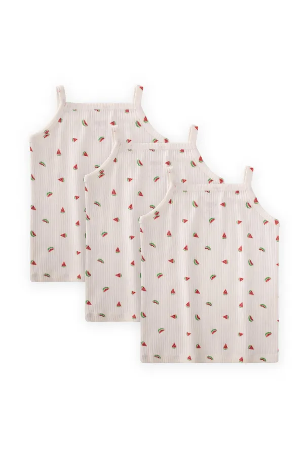 İp Askılı Kız Atlet Üçlü Ekru Karpuz Desen