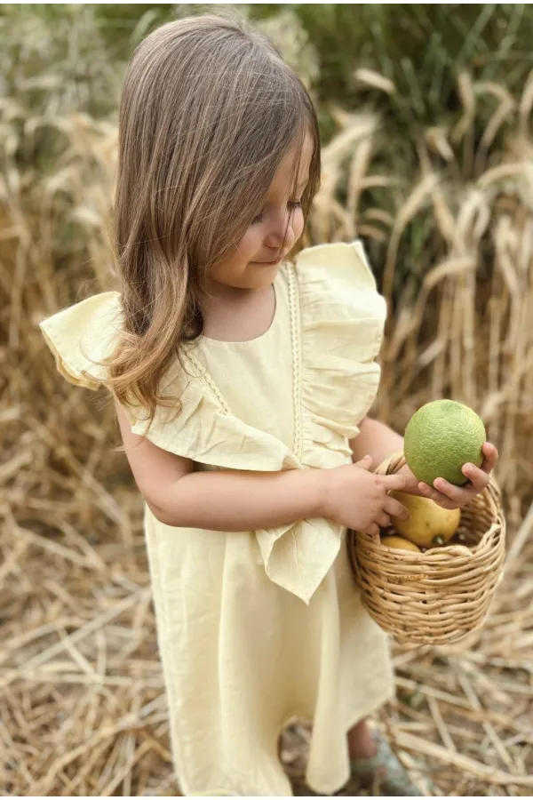 Robe jaune à ourlet et dos en dentelle, 2-7 ans