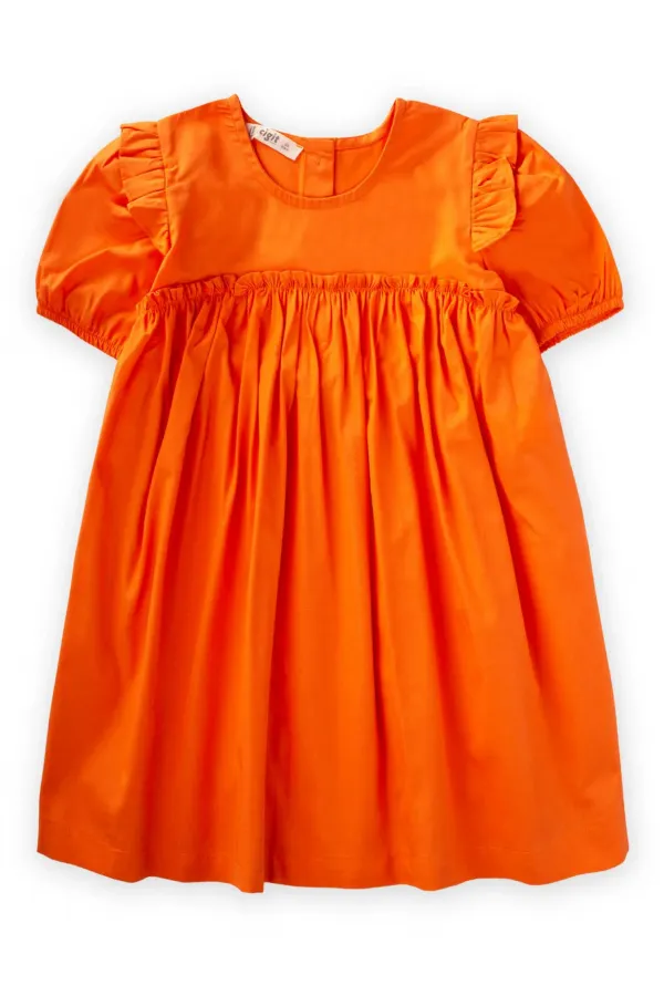 Robadan Fırfır Büzgülü Poplin Elbise 2-7 Yaş Turuncu