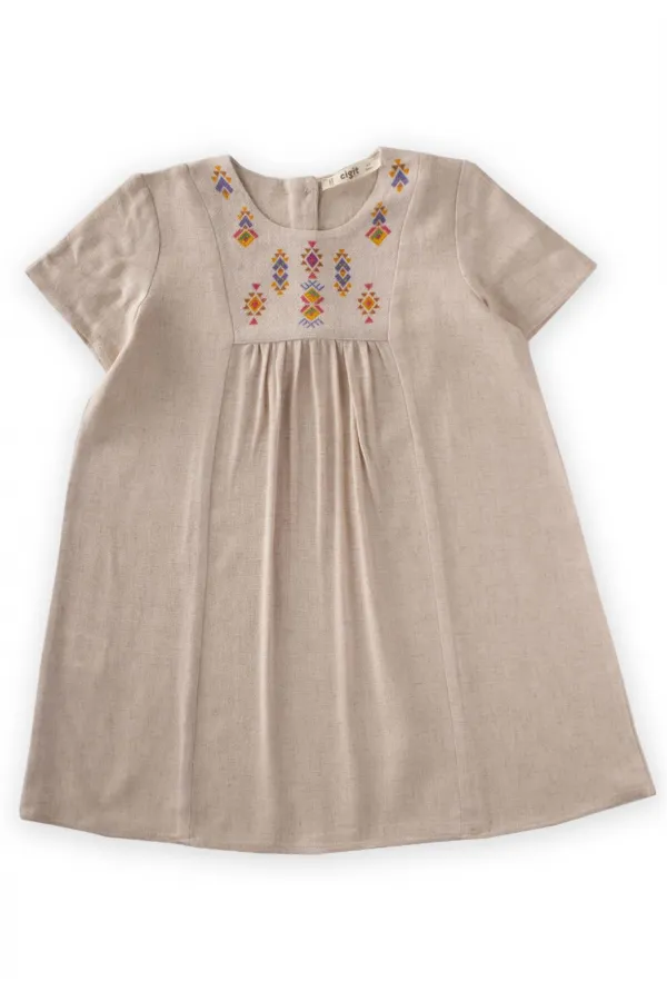 Etnik Desen Baskılı Keten Elbise 2-7 Yaş Naturel