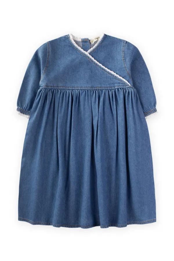 Denim Dress with Tomato Pastel Blue for Ages 2-7