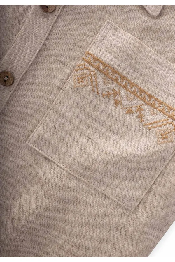 Ensemble chemise et pantalon en lin brodé, couleur naturelle, 2-7 ans