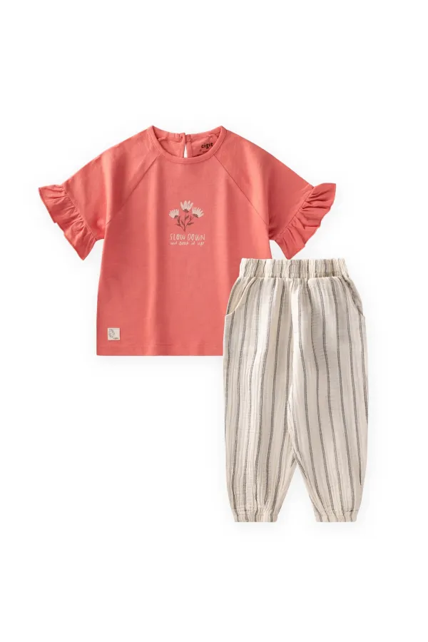Ensemble pantalon rayé en mousseline à imprimé floral Slow Down, 2-10 ans, corail