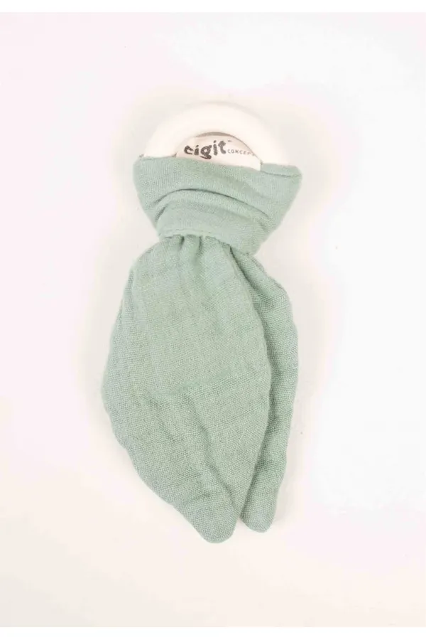 Anneau de dentition en tissu de mousseline de bois, vert menthe.
