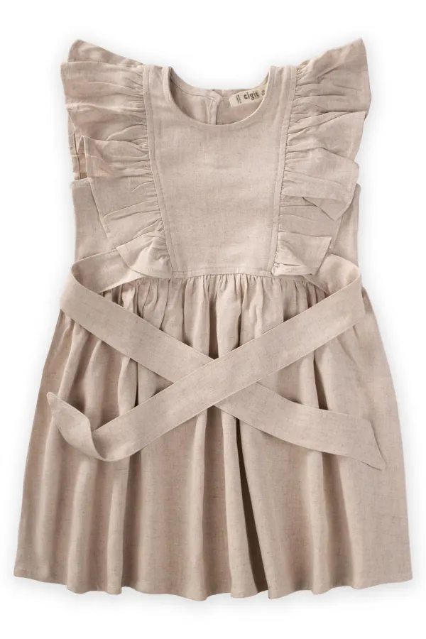 Yanları Bağcıklı Keten elbise 2-7 Yaş Naturel