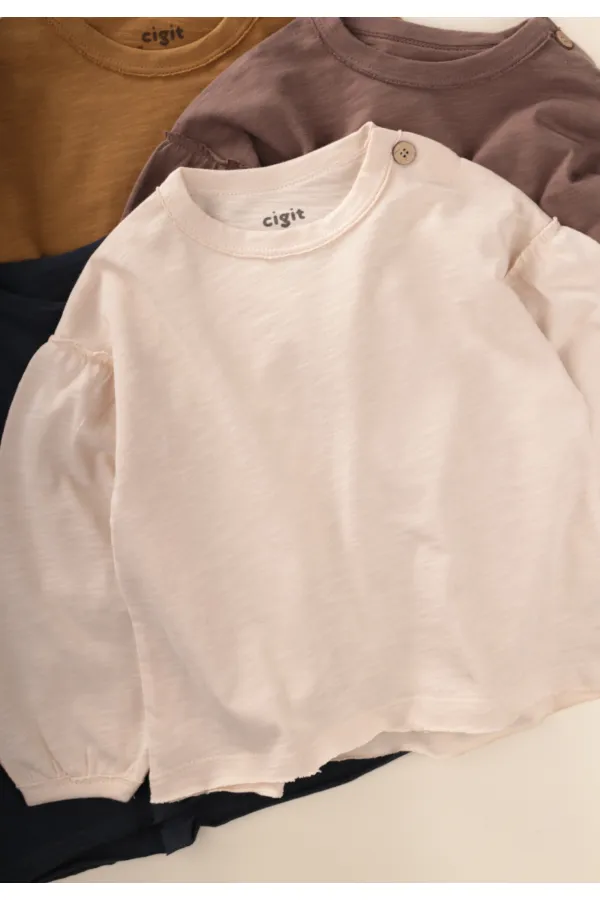 Fırçalı Rustik Uzun Kollu T-Shırt 1-7 Yaş Ekru