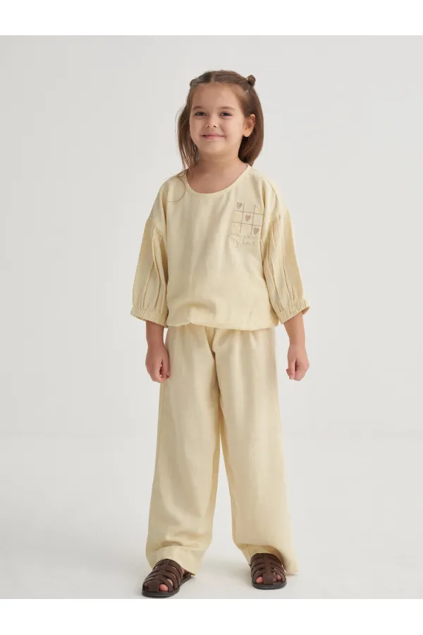 Wide-leg Trousers Embroidered Linen Set, Ages 2-7, Yellow