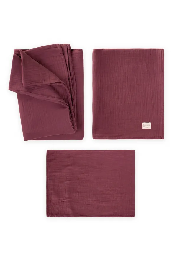 Housse de couette en mousseline avec pochette, 100 x 135 cm +/- 3 cm, drap-housse 120 x 150 cm, taie d'oreiller 35 x 45 cm, prune