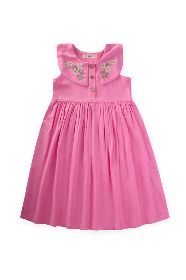 Nakışlı Roba Yaka Keten Elbise 2-7 Yaş Pembe
