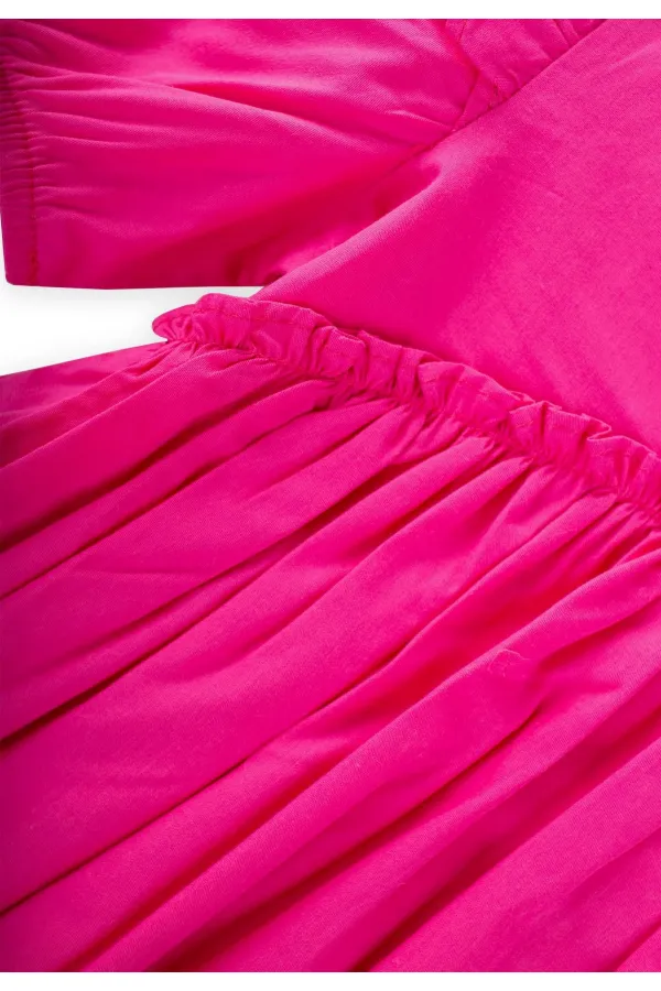 Robadan Fırfır Büzgülü Poplin Elbise 2-7 Yaş Fuşya