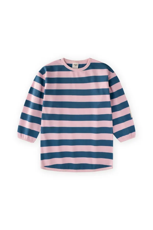 Triko Çizgili Tunik 4-12 Yaş Pudra Mavi Çizgili