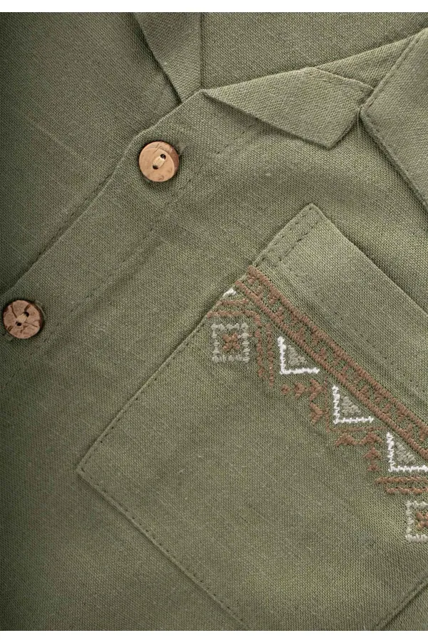 Embroidered Pocket Shirt Trousers Linen Suit for 2-7 Years Old Khaki Green