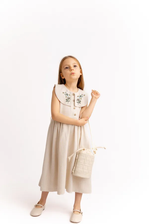 Embroidered Yoke Collar Linen Dress for 2-7 Years Old Natural