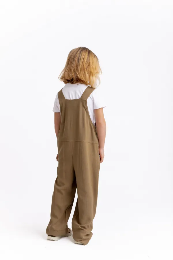 Salopette en lin à jambes larges, couleur caramel, 2-7 ans