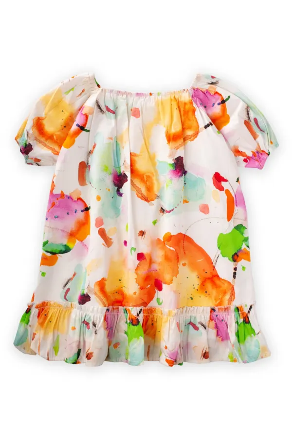 Yaka Kol Lastikli Poplin Elbise 2-7 Yaş Ekru Desenli