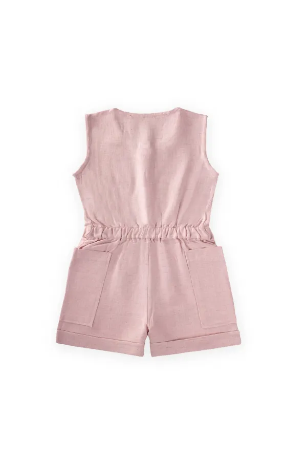 Yanları Cepli Kısa Boy Keten Tulum 2-7 Yaş Pembe Yanları Cepli Kısa Boy Keten Tulum 2-7 Yaş Pembe