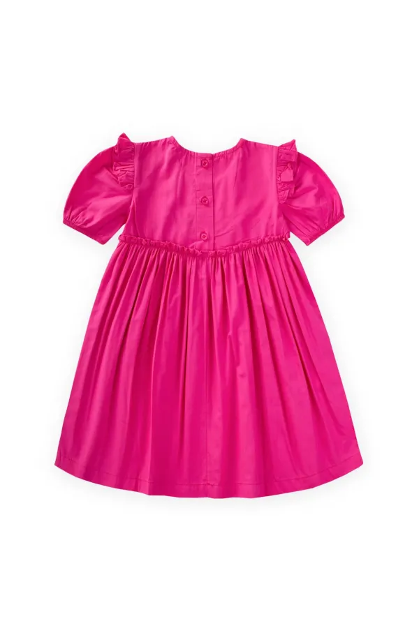 Robadan Fırfır Büzgülü Poplin Elbise 2-7 Yaş Fuşya