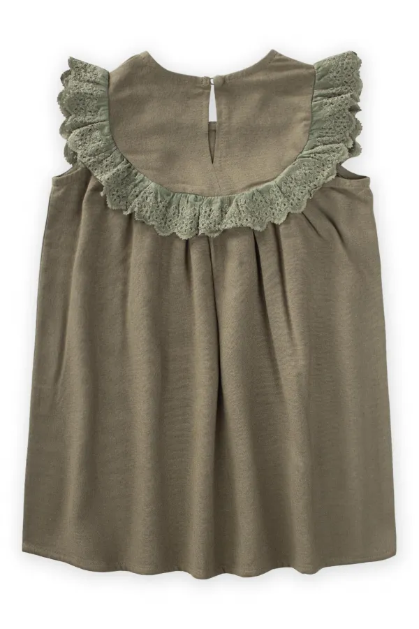 Robadan Dantelli Keten Bluz 2-7 Yaş Haki Yeşil