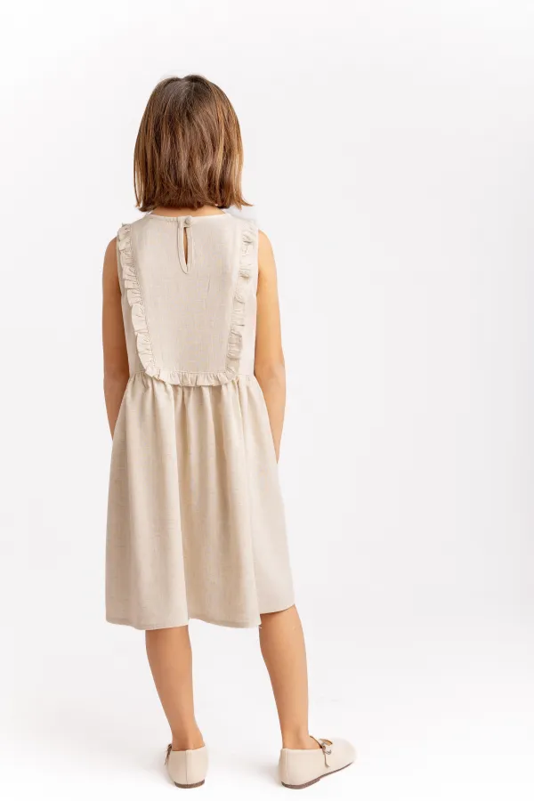 Dikdörtgen Robası Nakışlı Keten Elbise 2-7 Yaş Naturel