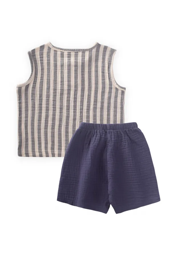 Müslin Bebe Patlı Takım 0-5 Yaş Lacivert Çizgili
