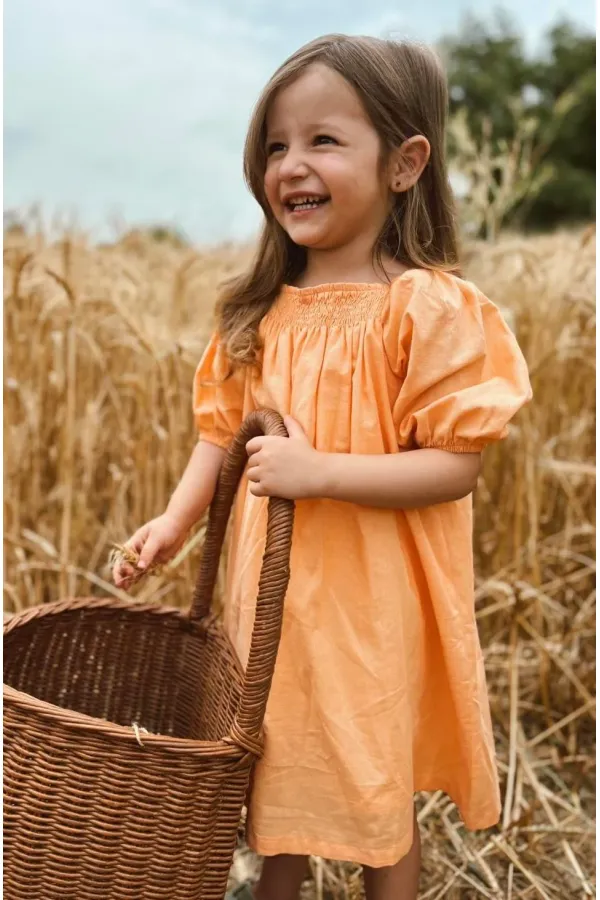 Robadan Fırfır Büzgülü Poplin Elbise 2-7 Yaş Turuncu