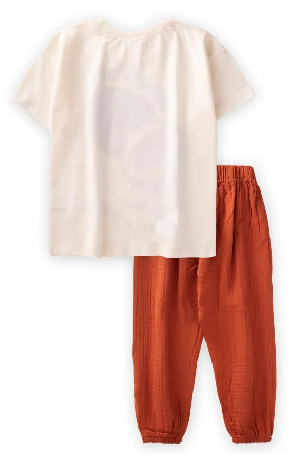Organic Pantolonlu Coconut Baskılı T-Shırt Takım 3-10 Yaş Ekru
