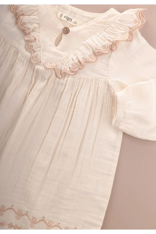 Organik Etnik Nakışlı Müslin Elbise 1-8 Yaş Naturel