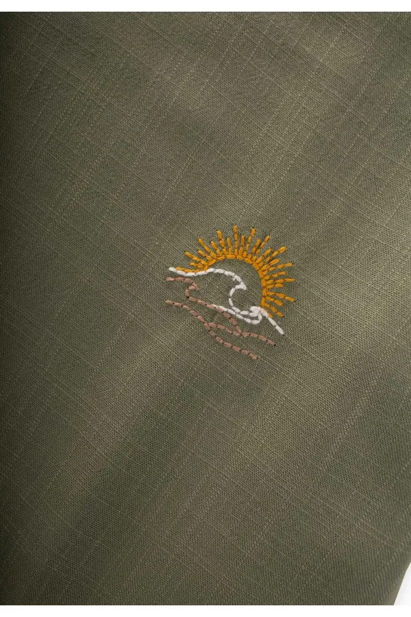 Sun Embroidered Linen Blouse for 2-7 Years Old Khaki Green